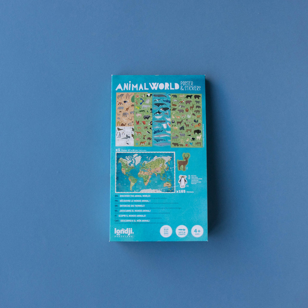 Back of Londji Animal World Poster & Stickers packaging displaying sticker sheets and map details.