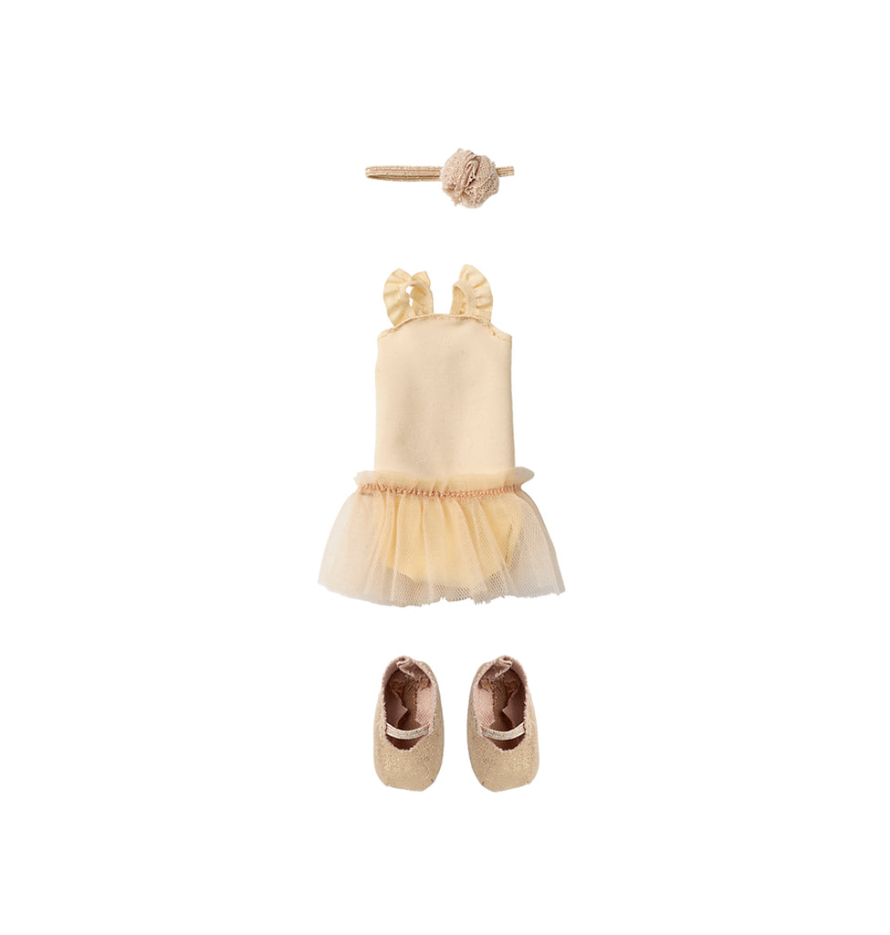 Maileg cream ballet outfit set, including tutu, shoes, and elegant headband