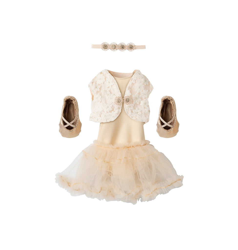 Maileg cream ballet outfit for Bunny size 3, including a ballet dress, floral vest, gold ballet shoes, and a sparkling headband displayed flat.