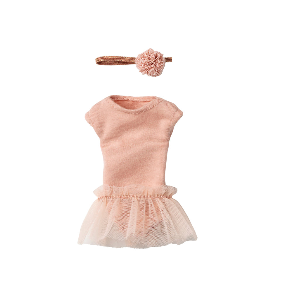 Maileg ballet outfit for bunnies, including a pink dress with a tulle skirt and a matching floral headband, displayed flat.