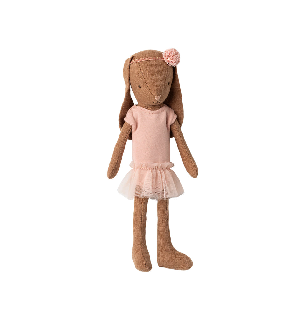 Maileg bunny dressed in a soft pink ballet outfit with a tulle skirt and a floral headband.