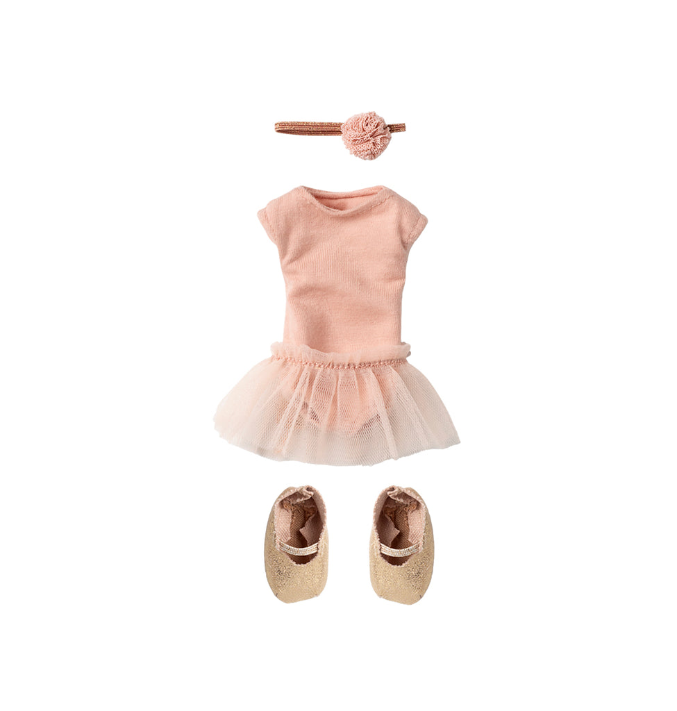 Maileg rose ballet outfit set with a tutu, shoes, and floral headband