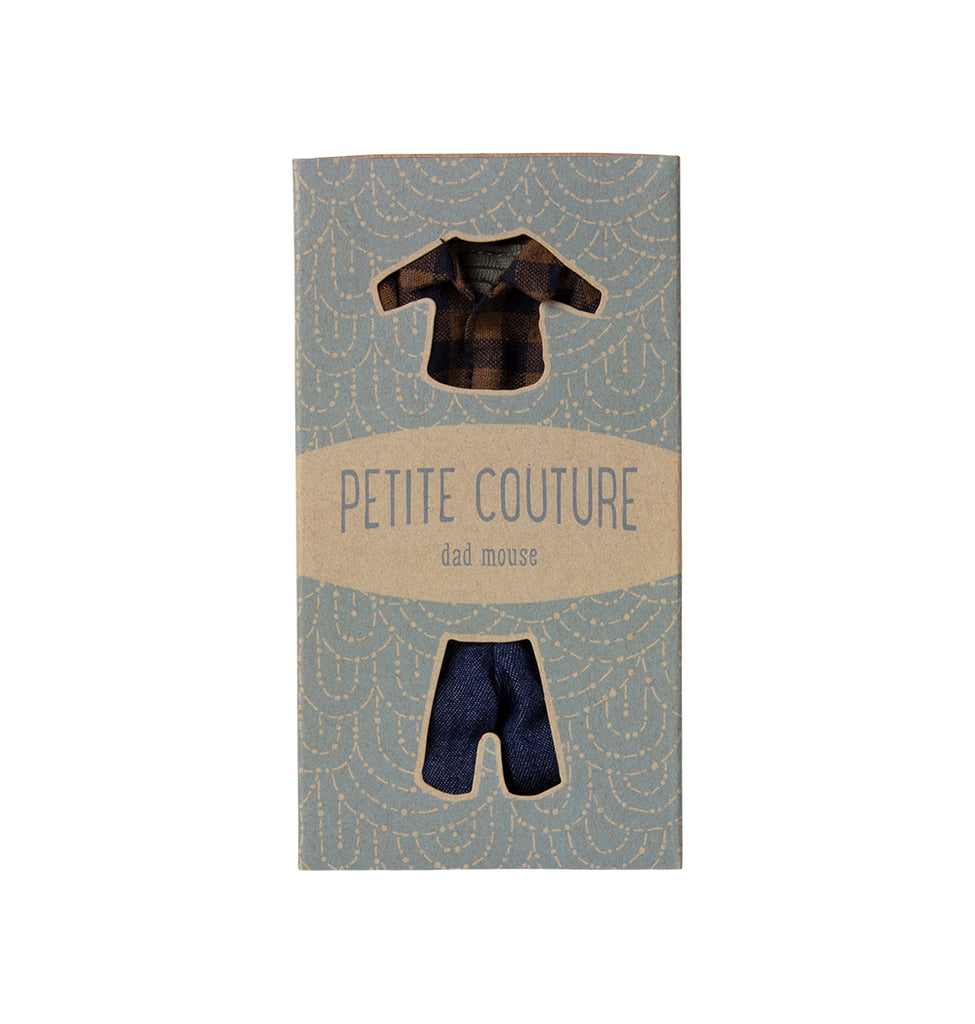 Maileg Dad Mouse Petite Couture set featuring brown checked shirt and denim pants – UK exclusive.