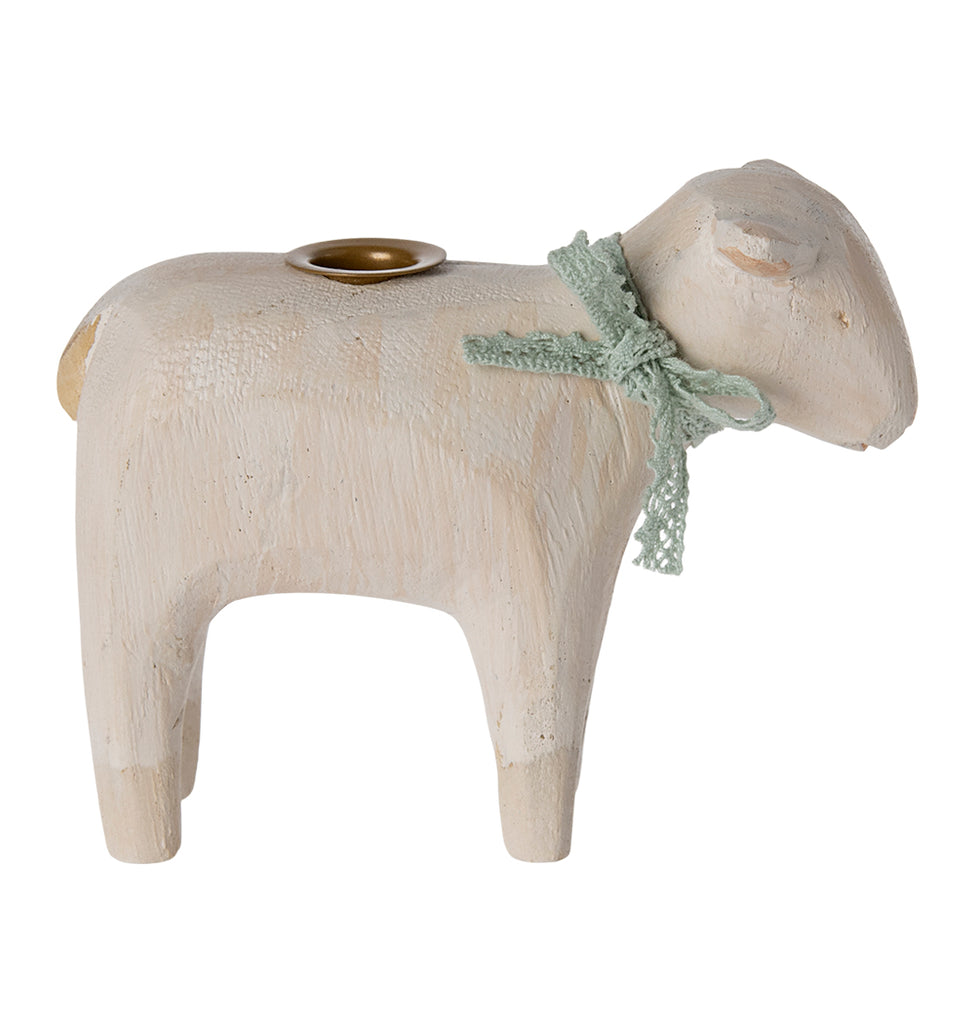 Close-up of Maileg mint lamb candle holder with delicate details