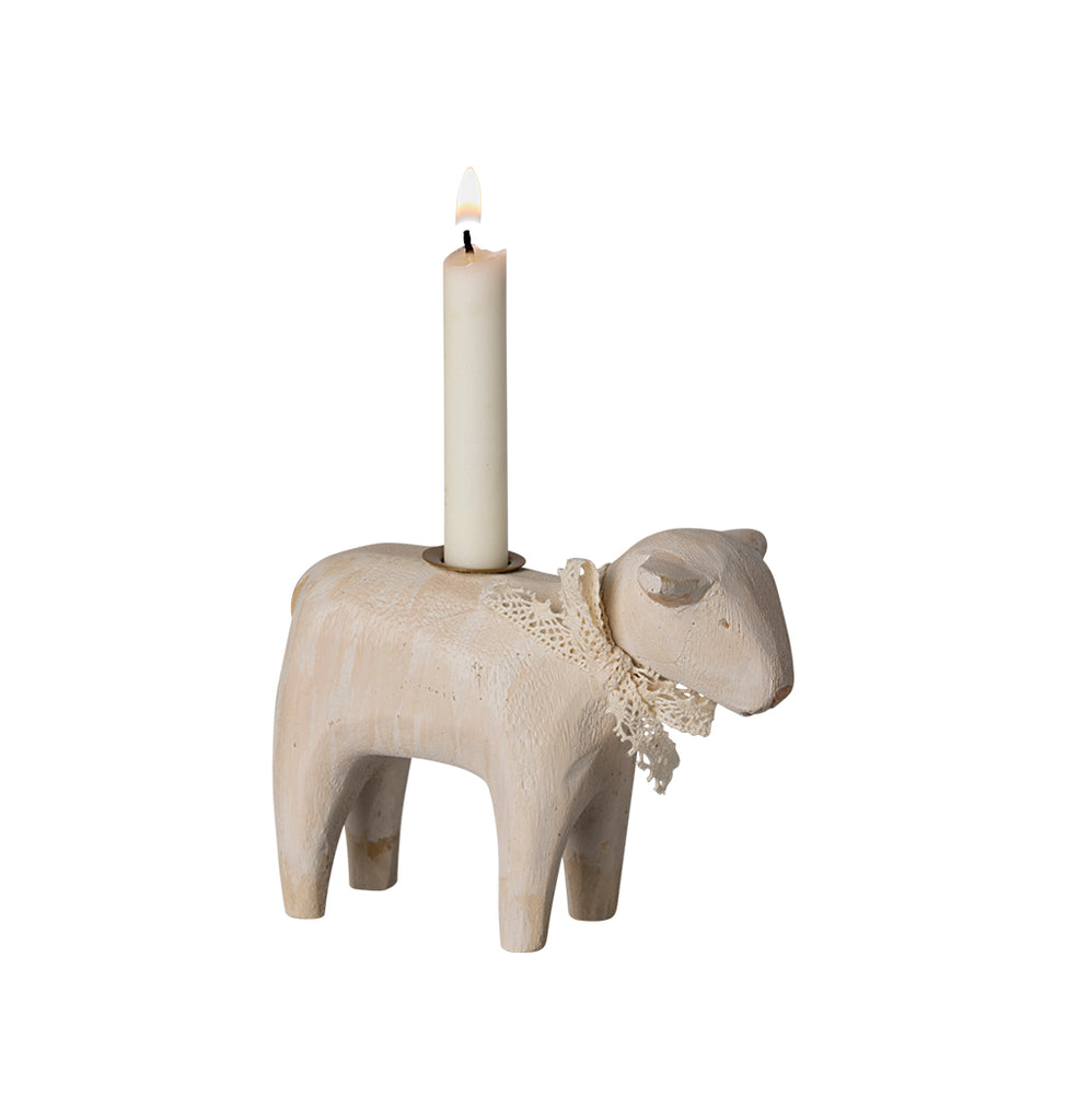 Maileg lamb candle holder in off-white, featuring a lighted candle and lace bow