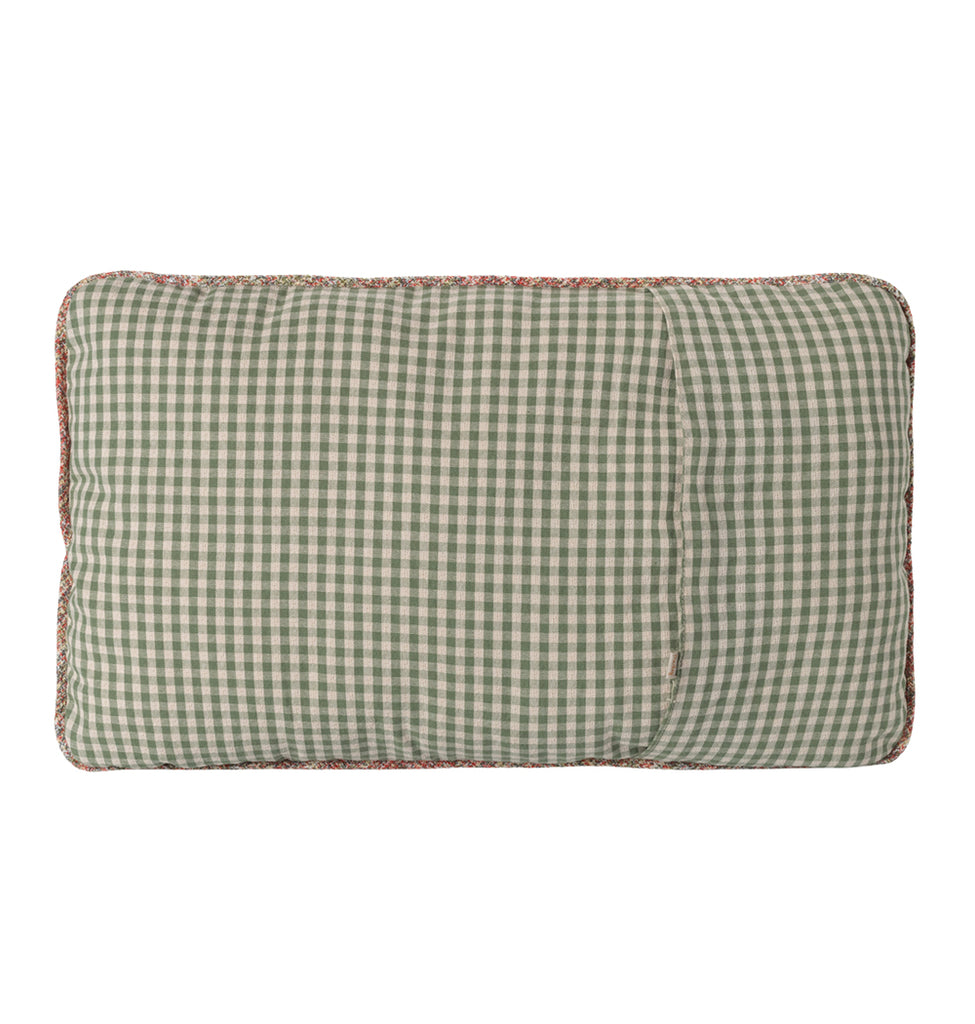 Maileg pony cushion with green gingham pattern and decorative border