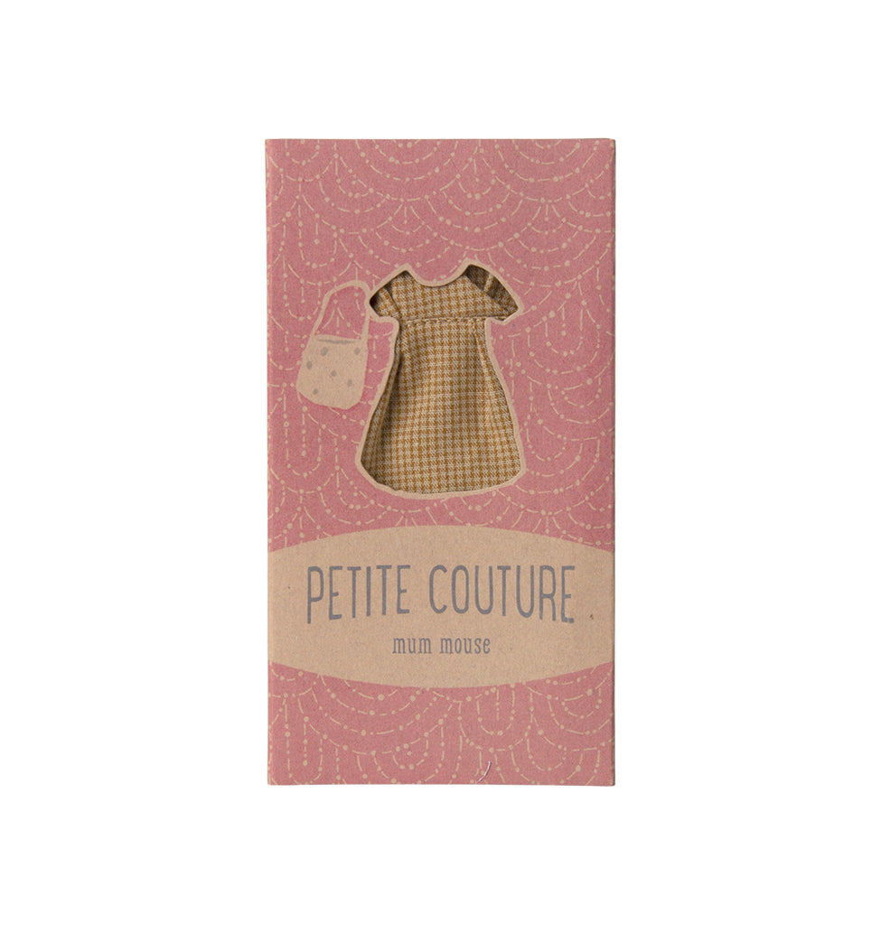 Maileg Mum Mouse Petite Couture outfit with check dress and cheese bag, charming UK doll fashion