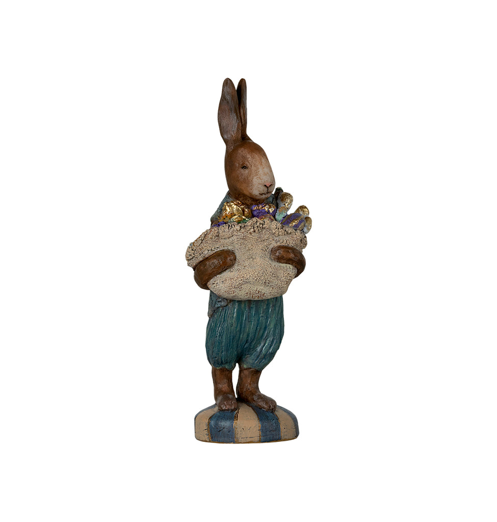 Maileg Easter Parade Bunny figurine holding a basket of eggs, standing on a striped base.