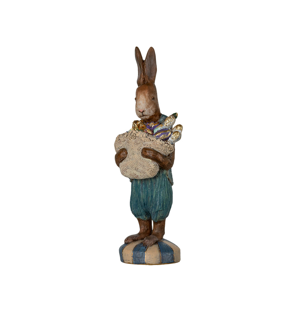 Maileg Easter Parade Bunny figurine holding a basket of eggs, standing on a striped base.