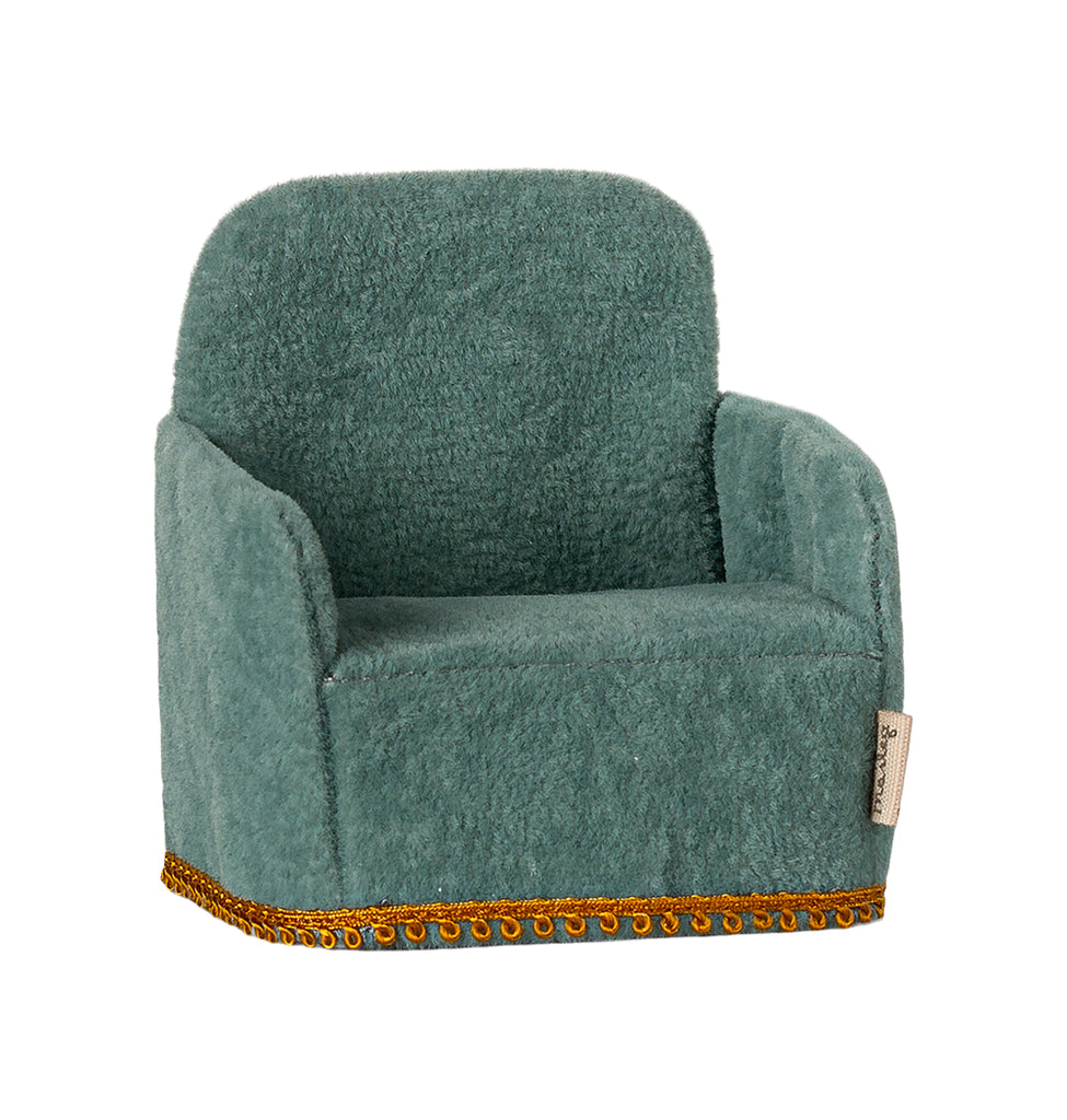 Maileg mint folding chair for mice with gold trim at the bottom, perfect for Maileg dollhouses