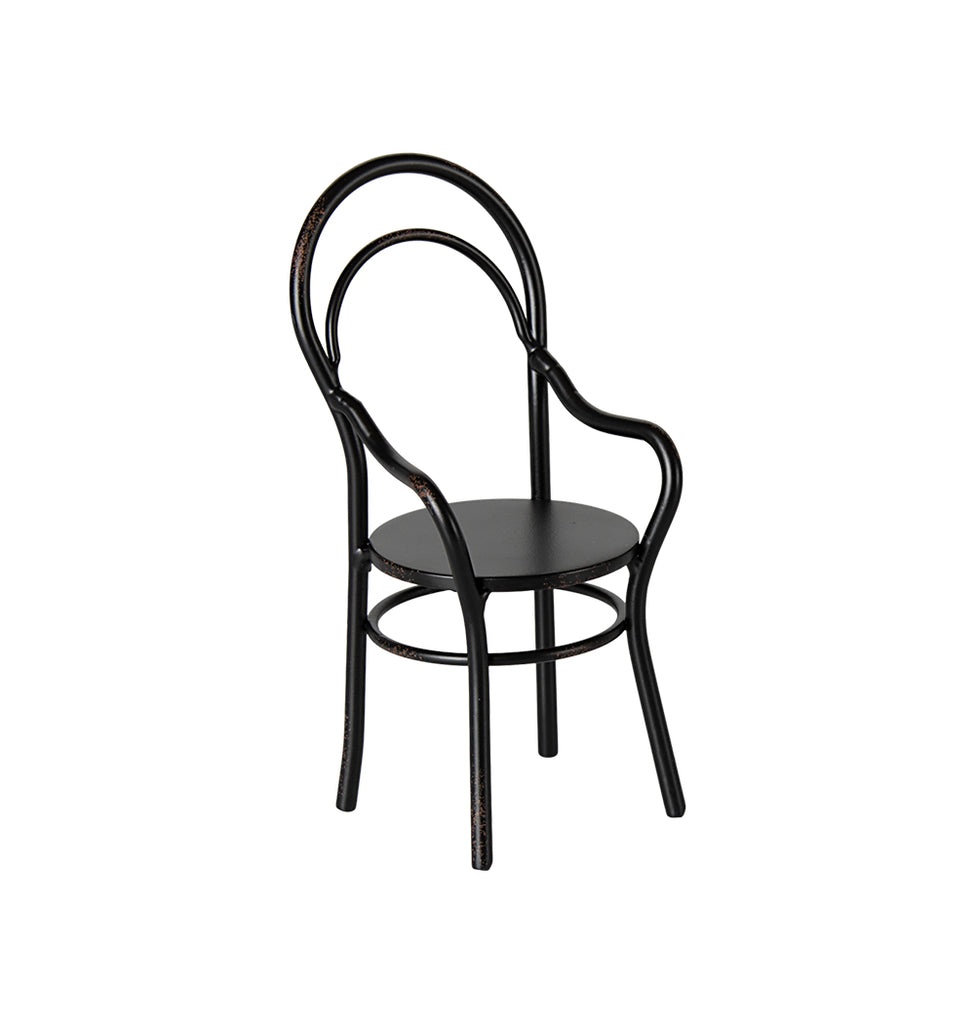 Maileg miniature black metal chair with armrests, designed for Maileg dollhouses