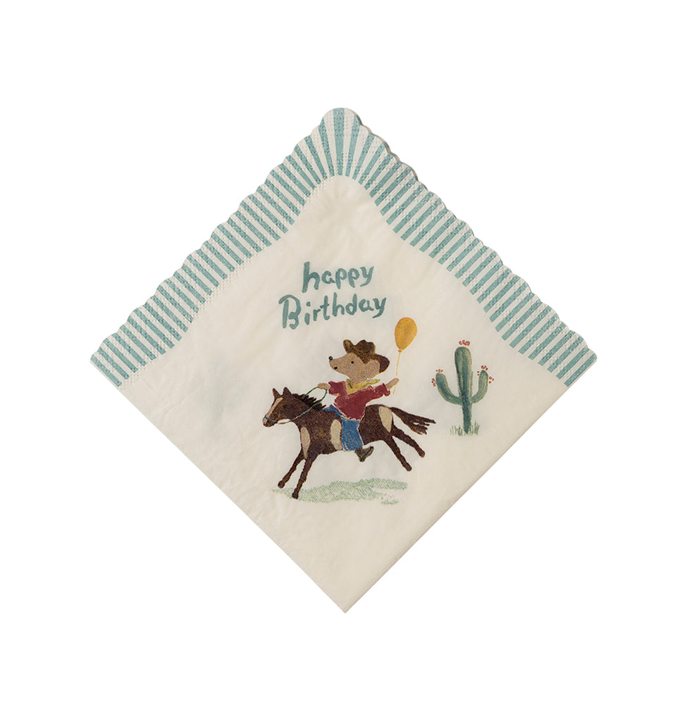 Maileg Happy Birthday napkin featuring a cowboy mouse riding a galloping horse, holding a yellow balloon, with a cactus in the background."
