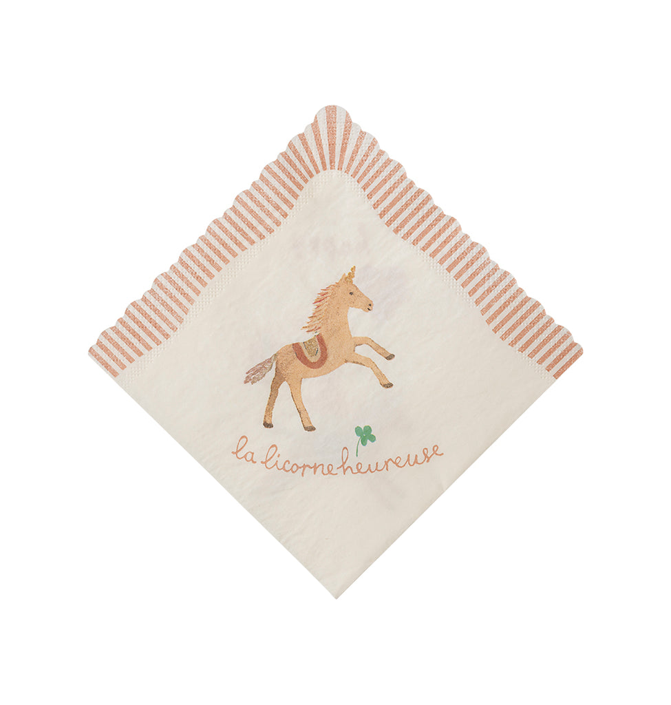 Maileg unicorn napkin featuring a rearing unicorn with the French text 'La Licorne Heureuse' below it.