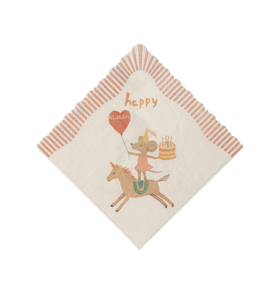 Maileg Happy Birthday napkin featuring a mouse in a party hat standing on a running unicorn, holding a cake and a red heart balloon with 'birthday' written on it.