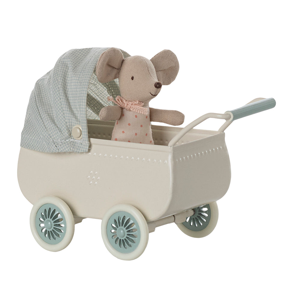 Maileg pram in mint with baby mouse in polka dots, featuring mint accents on the wheels and handle, and a fabric cheque cover.