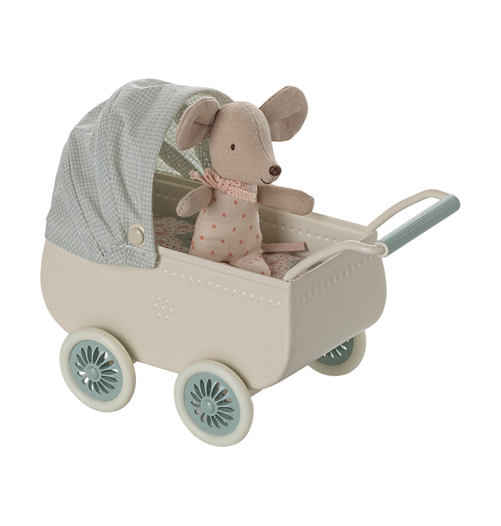 Baby Maileg mouse sitting up inside the mint pram with floral blanket and cheque cove