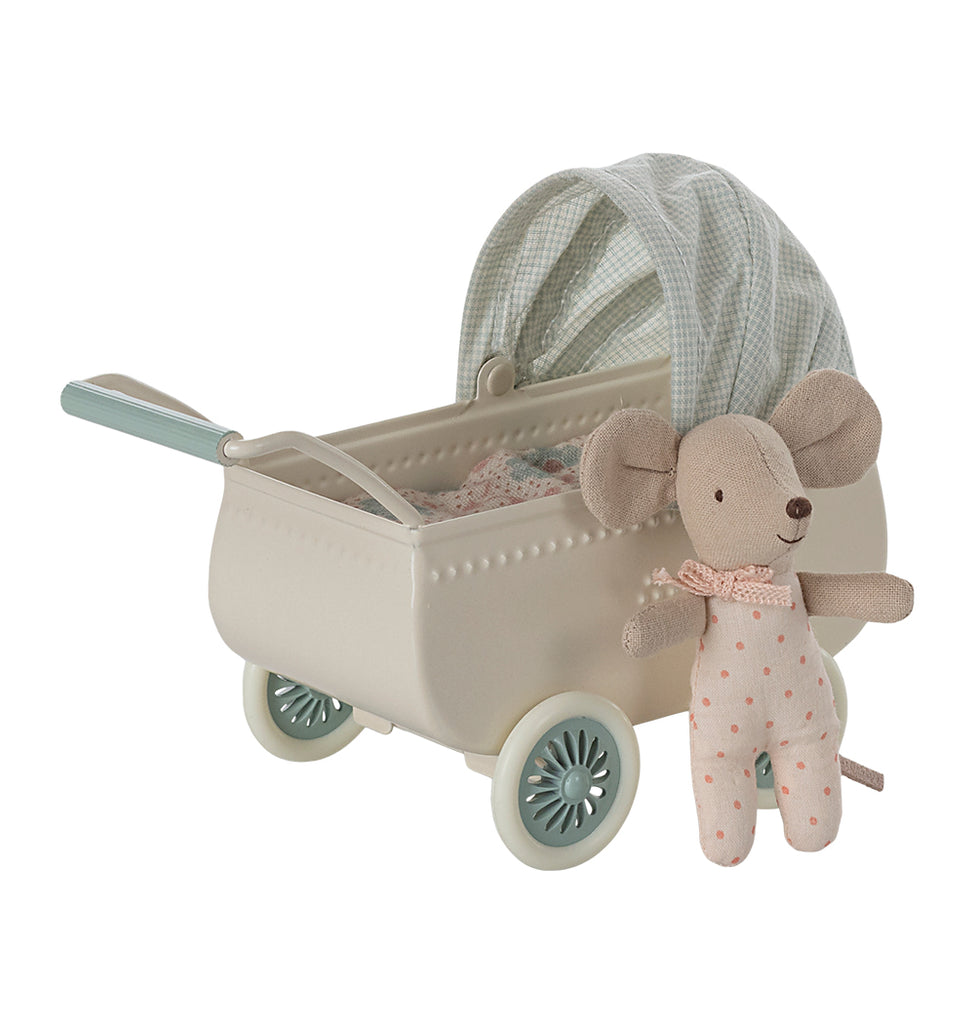 Baby Maileg mouse standing in front of the mint pram, showing the floral interior and cheque cover.