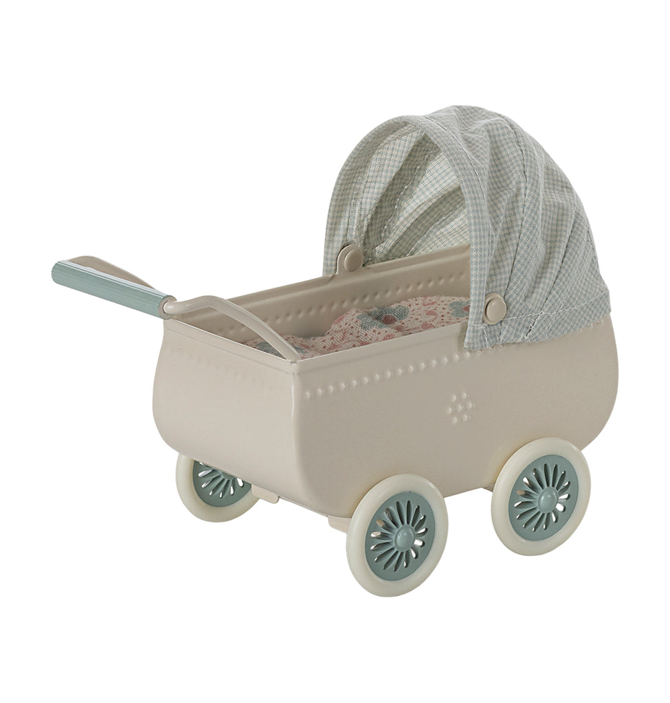 Mint Maileg pram with floral blanket fabric, shown facing the opposite direction without the baby mouse