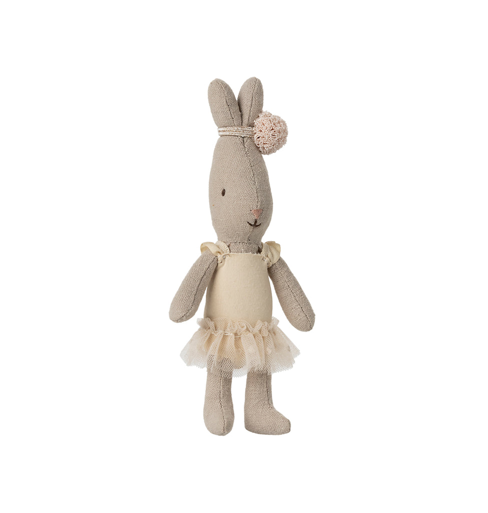 Maileg Micro Rabbit ballet outfit in cream, including a tutu, headband, and gold ballet shoes.