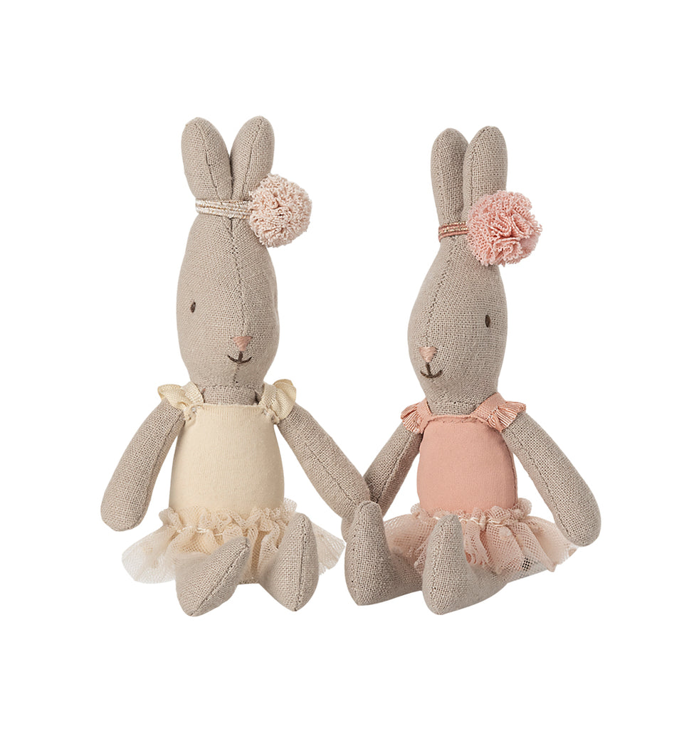 Maileg Micro Rabbit in a cream ballet outfit with tutu and pom-pom headband, sitting