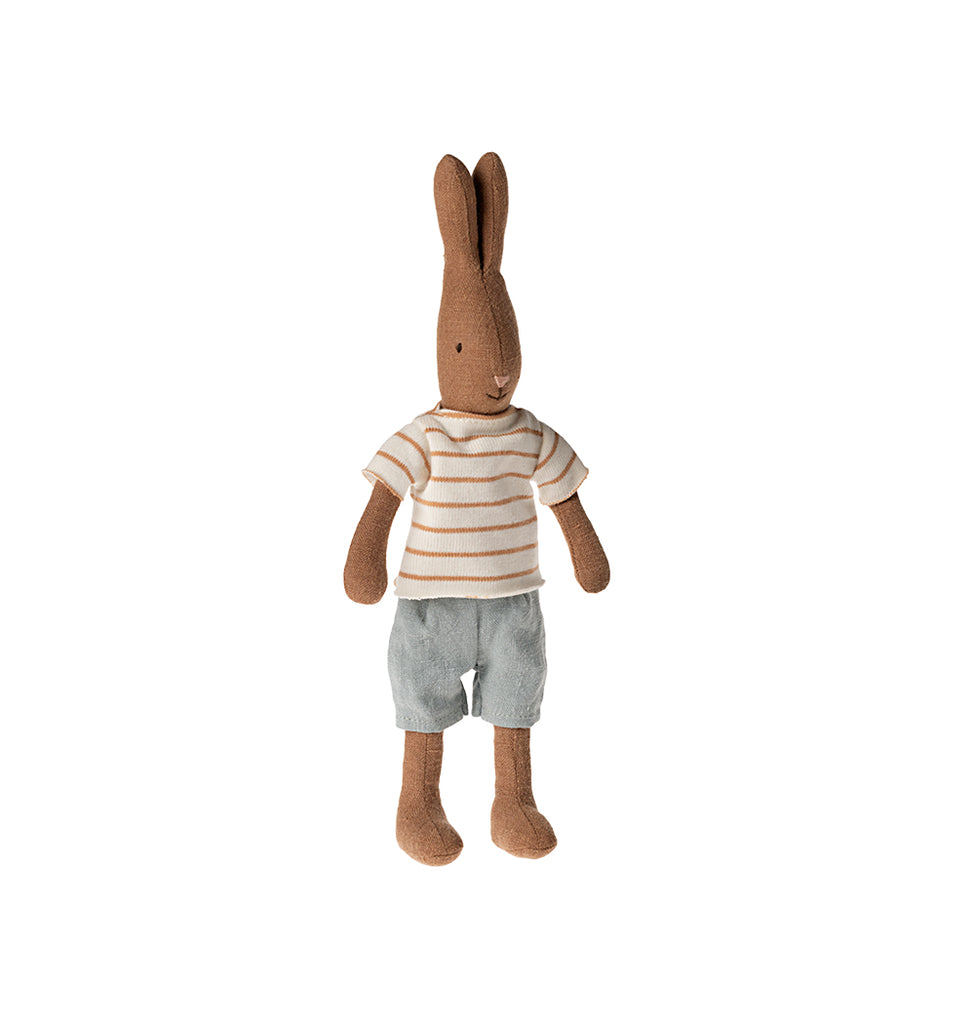 Maileg Rabbit size 1 in chocolate brown, dressed in striped blouse and shorts – UK soft toy must-have.