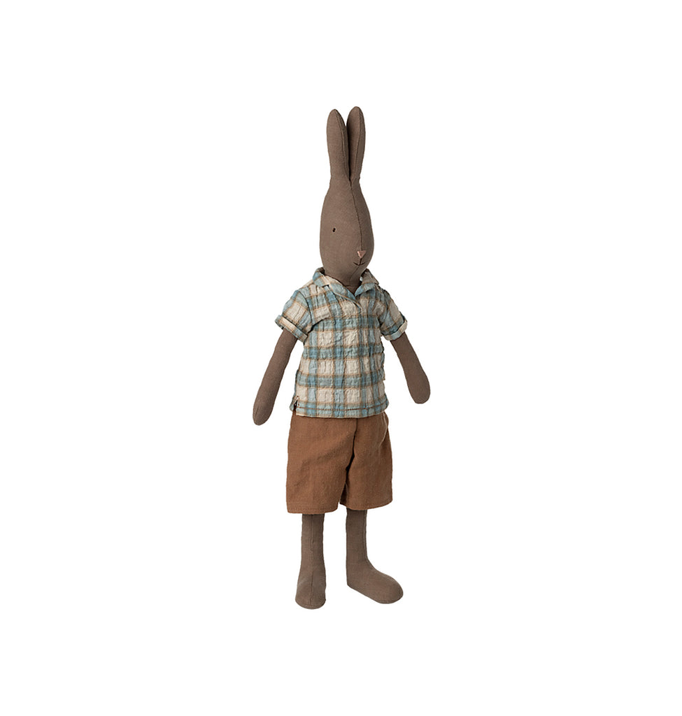 Maileg Rabbit size 3 in brown wearing a plaid shirt and brown shorts, standing uprigh