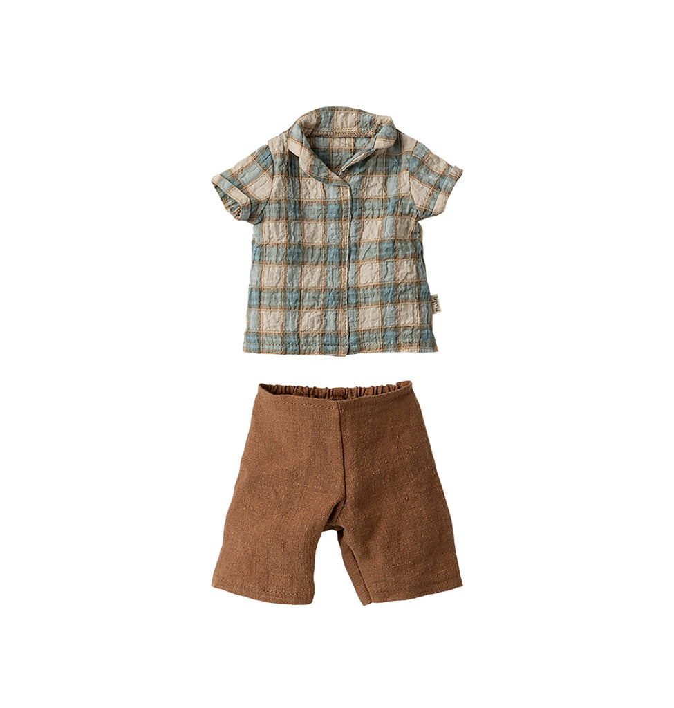 Maileg Rabbit size 3 outfit with a plaid shirt and brown shorts, displayed flat