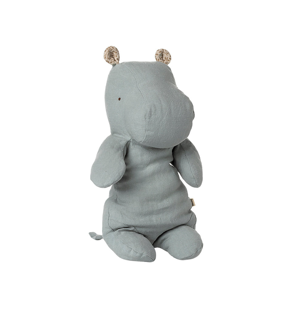 Maileg Safari Friends medium-sized hippo in blue-grey linen, sitting with floral inner ears