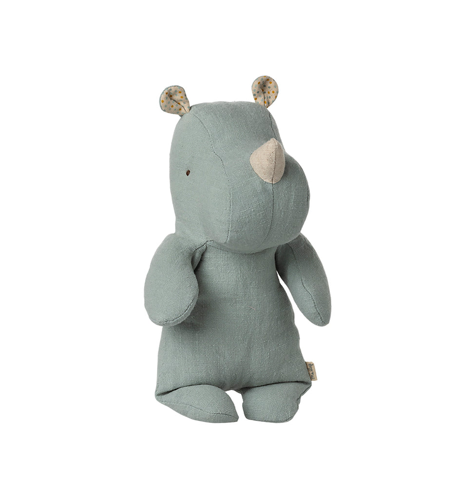 Maileg Safari Friends small rhino in light dusty blue linen, sitting with polka-dot inner ears