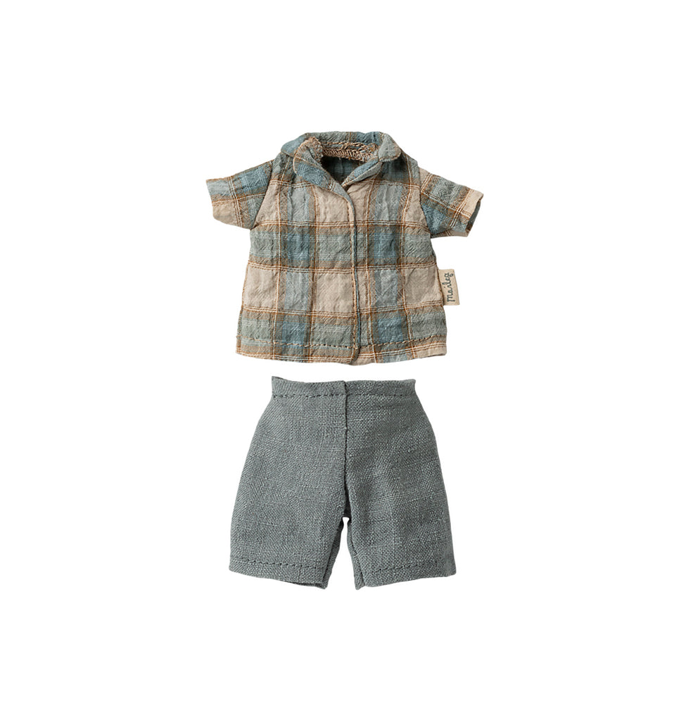 Maileg blue and beige checkered shirt and light blue shorts displayed flat, designed for rabbit size 1.