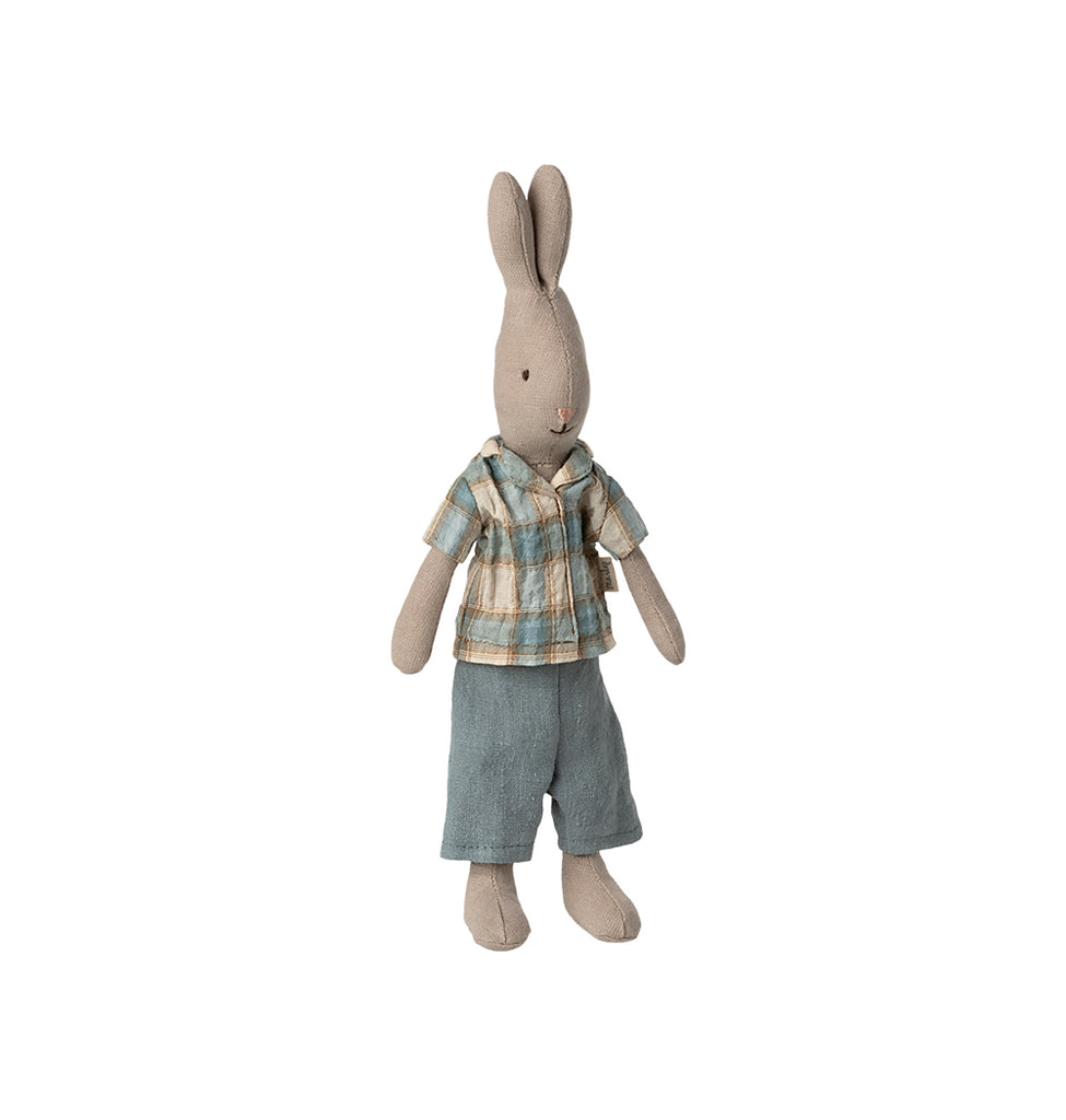 Maileg rabbit size 1 dressed in a blue and beige checkered shirt paired with light blue shorts, standing upright.