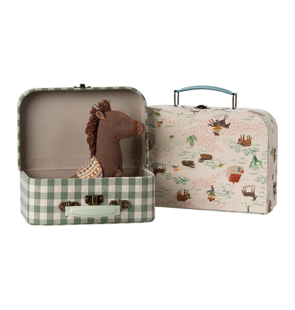 "Maileg suitcase set with pony print, shown with Maileg soft pony inside – ideal UK gift."