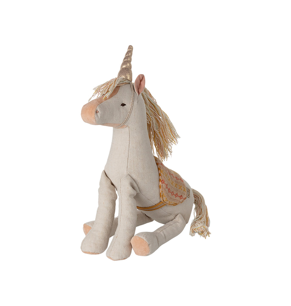 "Soft Maileg unicorn in medium size, featuring yarn mane and golden details – UK favourite toy."