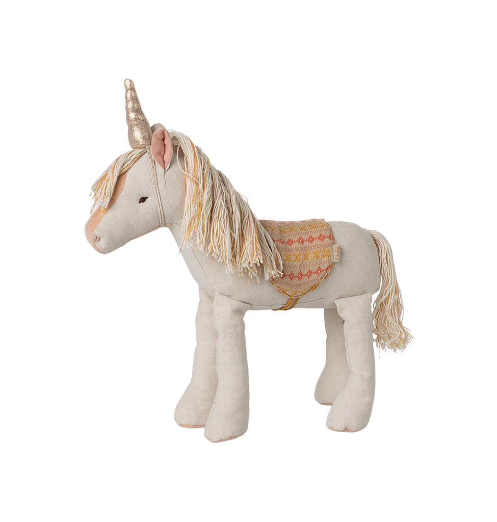 Medium Maileg unicorn toy with a golden horn, the perfect magical companion – available in the UK."