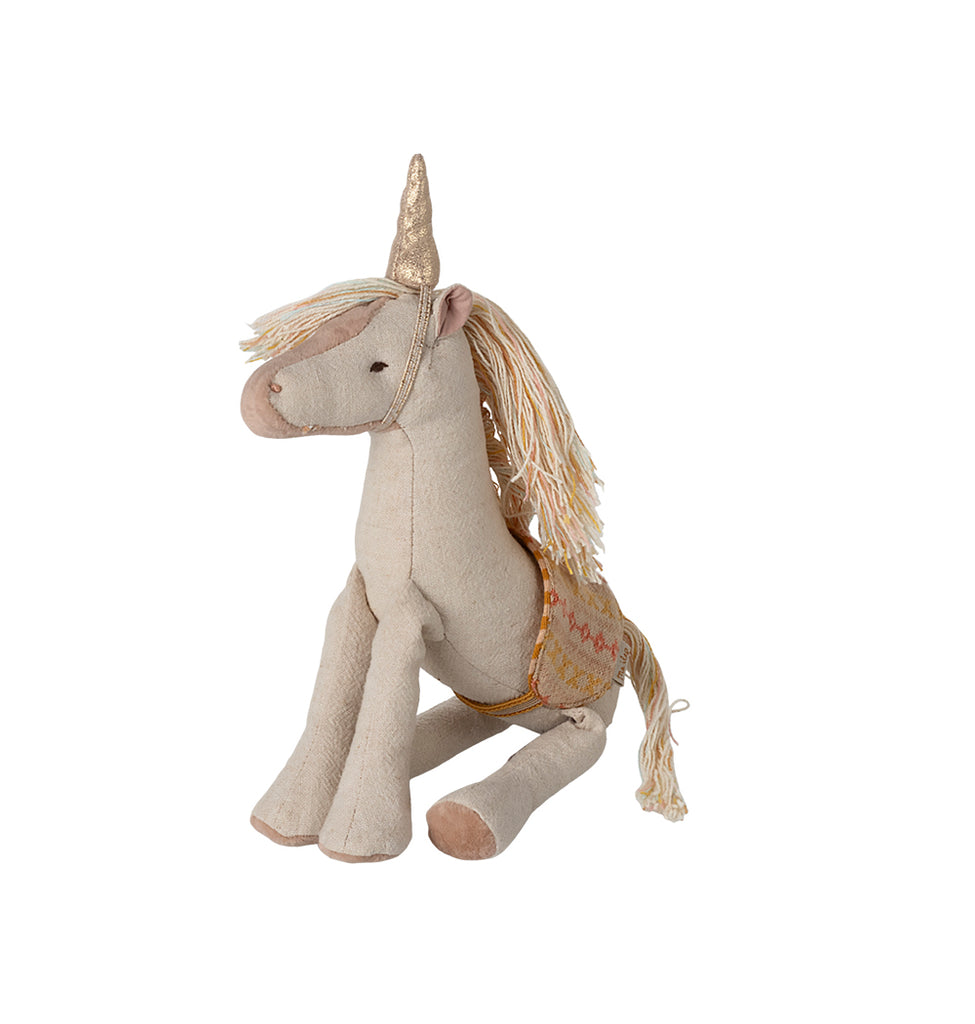 Small Maileg unicorn toy with a soft body and golden horn, perfect for UK collectors."