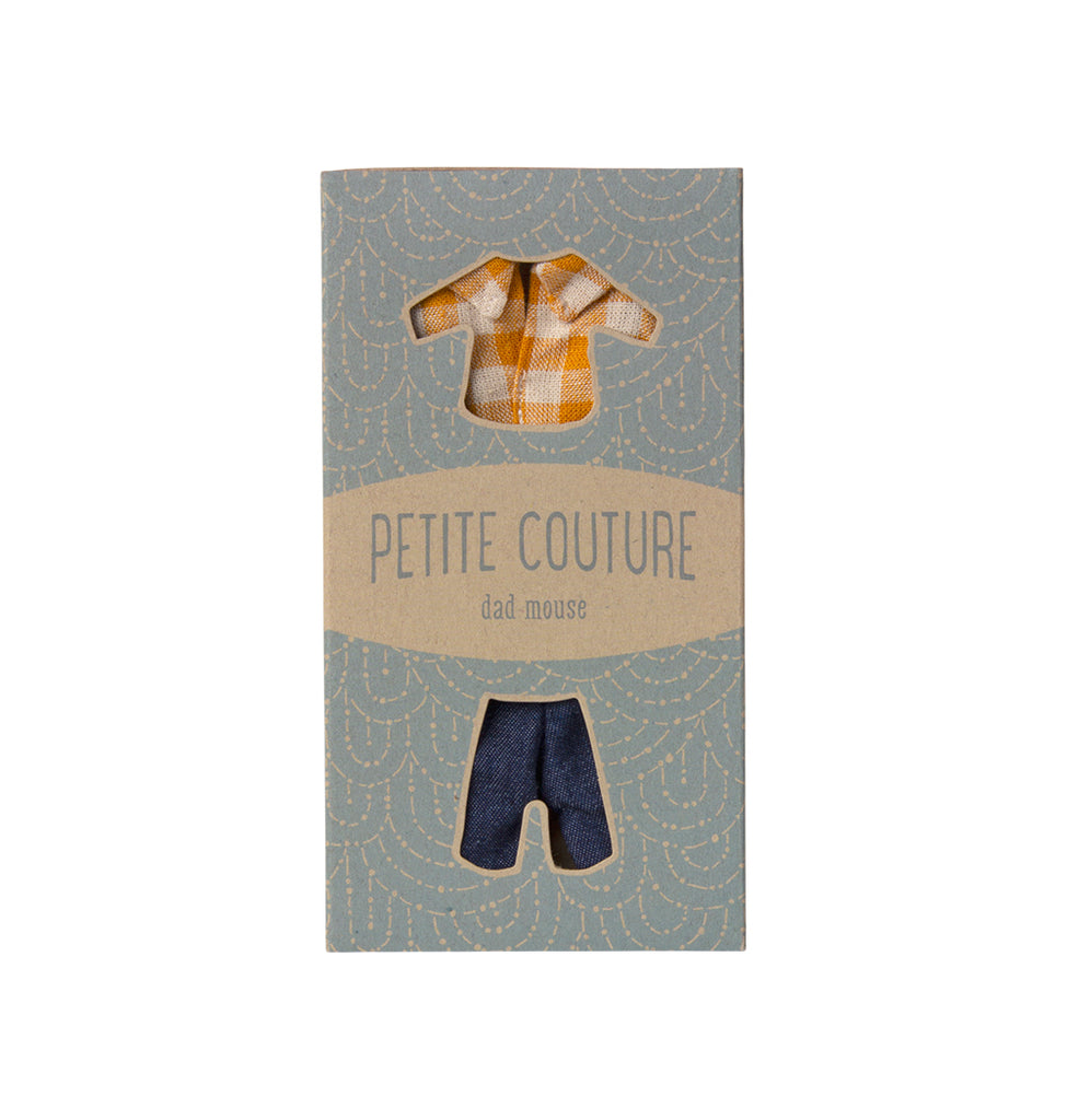 Maileg Dad Mouse Petite Couture outfit with yellow checked shirt and jeans, shop in the UK."