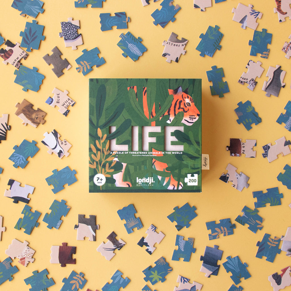 "LIFE" puzzle box surrounded by scattered puzzle pieces on a yellow background.